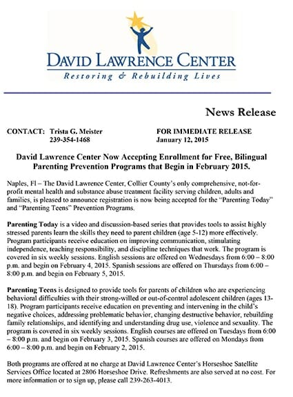 DAVID LAWRENCE CENTER NOW ACCEPTING ENROLLMENT FOR FREE, BILINGUAL PARENTING PREVENTION PROGRAMS THAT BEGIN IN FEBRUARY 2015.