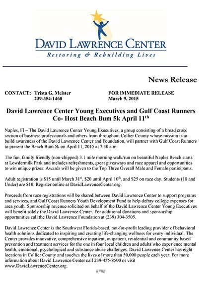 DAVID LAWRENCE CENTER YOUNG EXECUTIVES AND GULF COAST RUNNERS CO- HOST BEACH BUM 5K APRIL 11TH