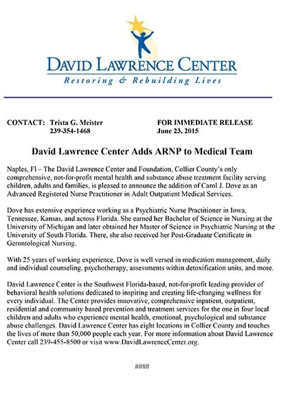 DAVID LAWRENCE CENTER ADDS NEW ARNP CAROL DOVE TO MEDICAL TEAM