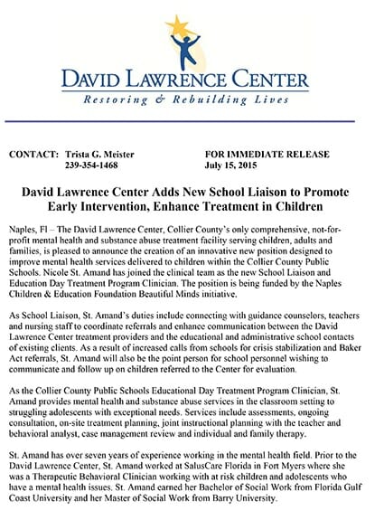 David Lawrence Centers    Adds New School Liaison to Promote Early Intervention, Enhance Treatment in Children
