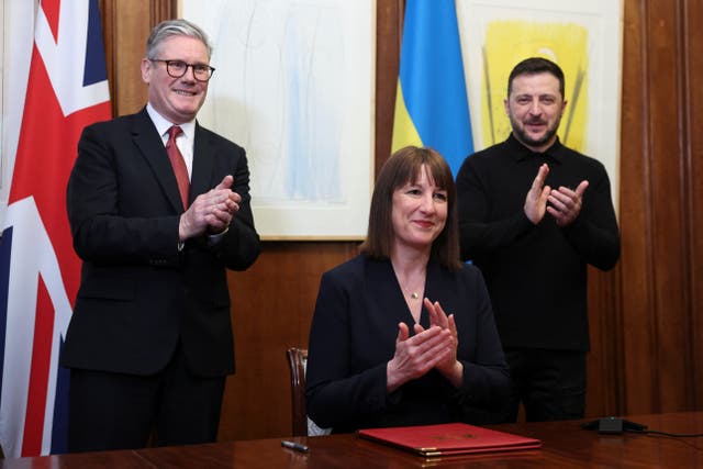 <p>Chancellor of the Exchequer Rachel Reeves holds a video meeting with Ukraine’s finance minister Sergii Marchenko, as Prime Minister Sir Keir Starmer and Ukrainian President Volodymyr Zelensky watch (Toby Melville/PA)</p>