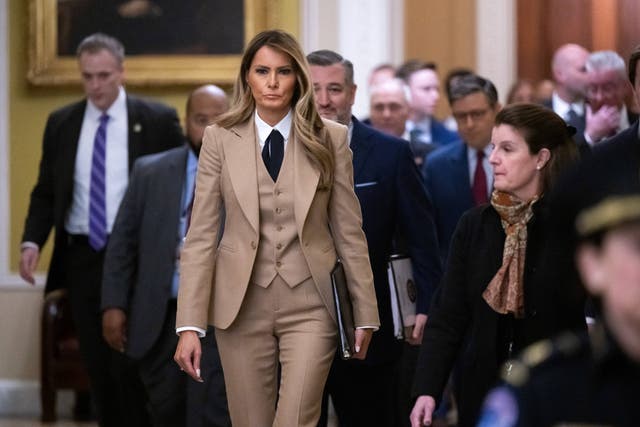 <p>US First Lady Melania Trump walks to a meeting to urge passage of the Take It Down Act by the US Senate which protects victims of real and deepfake "revenge pornography" by criminalizing their publication, at the US Capitol in Washington, DC, on March 3, 2025</p>