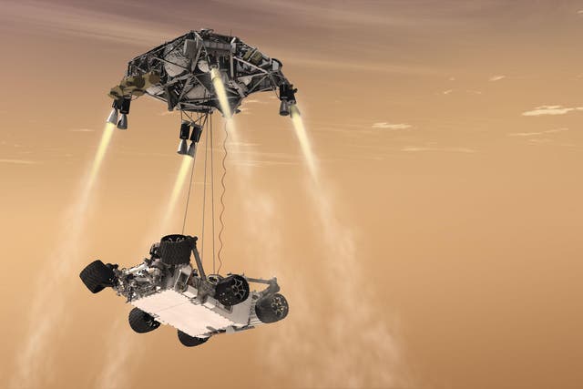 <p>This artist’s concept shows Sky Crane during the descent of NASA’s Curiosity rover to the Martian surface. NASA said it was considering using the technology for its Mars Sample Return Mission </p>