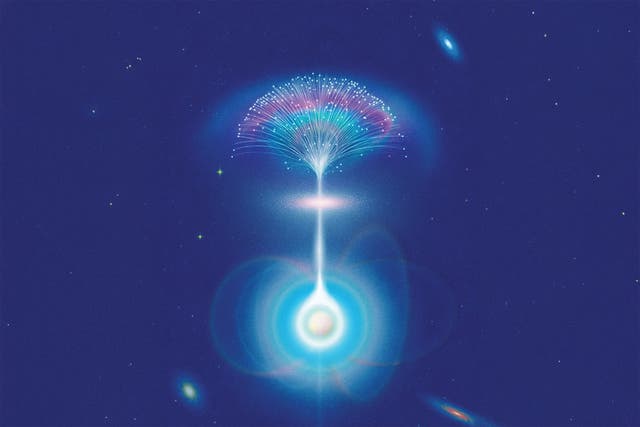 <p>An artist’s illustration of a neutron star’s magnetic environment emitting a radio beam</p>