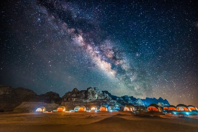 <p>Sleeping under the stars in a bubble tent, Wadi Rum</p>