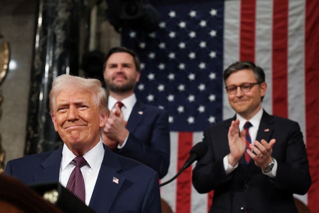 <p>U.S. President Donald Trump arrives to address a joint session of Congress at the U.S. Capitol on March 04, 2025 in Washington, DC. U.S. Speaker of the House Mike Johnson (R-LA) and Vice President JD Vance applaud behind him</p>